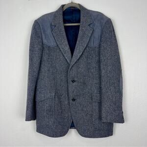 Pendleton 100% Pure Virgin Wool Blue Tweed Leather Blazer Heritage Old Money 42
